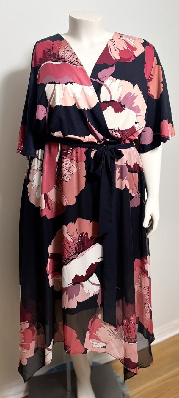 Lane Bryant EUC Dress 22 Black Pink Peach Floral Faux Wrap Handkerchief Midi
